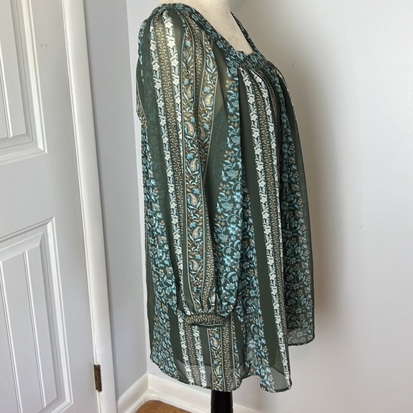 ANTHROPOLOGY SONIA TUNIC DRESS SZ XSP GREEN BLUE SHEER SLEEVES BOHO PEASANT - Picture 3 of 11